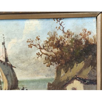 COPPIA ANTICO QUADRO olio tavola DIPINTO Ruffoni MARINA PESCATORI BARCHE A VELA