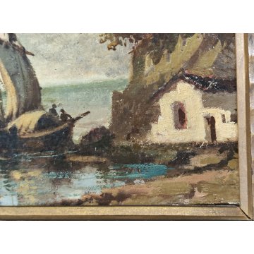 COPPIA ANTICO QUADRO olio tavola DIPINTO Ruffoni MARINA PESCATORI BARCHE A VELA