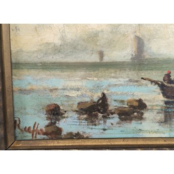 COPPIA ANTICO QUADRO olio tavola DIPINTO Ruffoni MARINA PESCATORI BARCHE A VELA