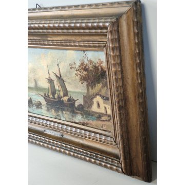 COPPIA ANTICO QUADRO olio tavola DIPINTO Ruffoni MARINA PESCATORI BARCHE A VELA