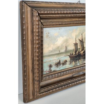 COPPIA ANTICO QUADRO olio tavola DIPINTO Ruffoni MARINA PESCATORI BARCHE A VELA