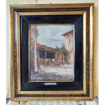 QUADRO olio tavola DIPINTO A. Brioschi PAESAGGIO CAMPAGNA cascina FIGURE GALLINE