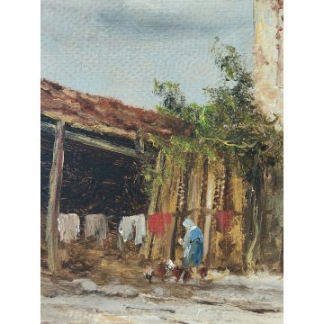 QUADRO olio tavola DIPINTO A. Brioschi PAESAGGIO CAMPAGNA cascina FIGURE GALLINE