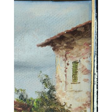 QUADRO olio tavola DIPINTO A. Brioschi PAESAGGIO CAMPAGNA cascina FIGURE GALLINE