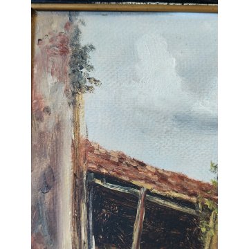 QUADRO olio tavola DIPINTO A. Brioschi PAESAGGIO CAMPAGNA cascina FIGURE GALLINE