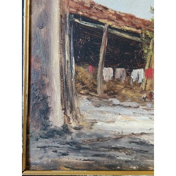 QUADRO olio tavola DIPINTO A. Brioschi PAESAGGIO CAMPAGNA cascina FIGURE GALLINE