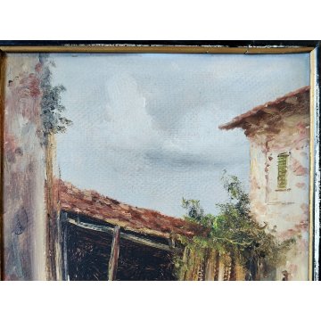 QUADRO olio tavola DIPINTO A. Brioschi PAESAGGIO CAMPAGNA cascina FIGURE GALLINE