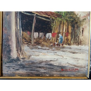 QUADRO olio tavola DIPINTO A. Brioschi PAESAGGIO CAMPAGNA cascina FIGURE GALLINE