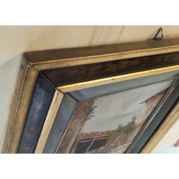 QUADRO olio tavola DIPINTO A. Brioschi PAESAGGIO CAMPAGNA cascina FIGURE GALLINE