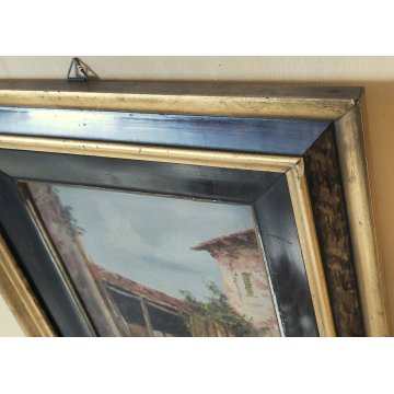 QUADRO olio tavola DIPINTO A. Brioschi PAESAGGIO CAMPAGNA cascina FIGURE GALLINE