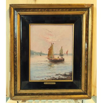 QUADRO olio tavola DIPINTO A. Brioschi PAESAGGIO MARINA pescatori BARCHE a VELA