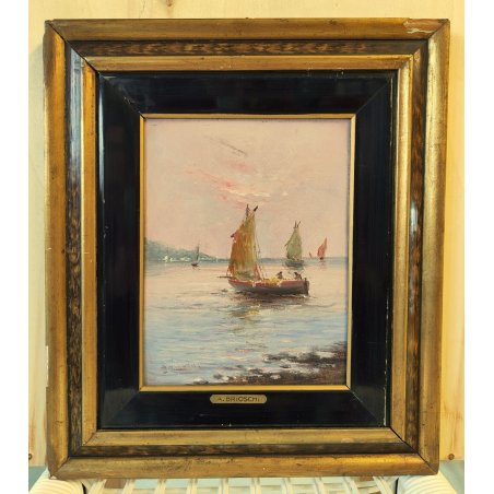 QUADRO olio tavola DIPINTO A. Brioschi PAESAGGIO MARINA pescatori BARCHE a VELA