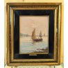 QUADRO olio tavola DIPINTO A. Brioschi PAESAGGIO MARINA pescatori BARCHE a VELA