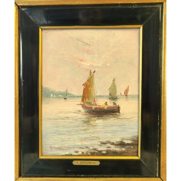 QUADRO olio tavola DIPINTO A. Brioschi PAESAGGIO MARINA pescatori BARCHE a VELA