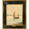 QUADRO olio tavola DIPINTO A. Brioschi PAESAGGIO MARINA pescatori BARCHE a VELA