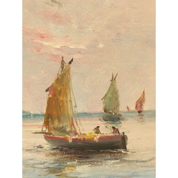 QUADRO olio tavola DIPINTO A. Brioschi PAESAGGIO MARINA pescatori BARCHE a VELA