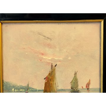 QUADRO olio tavola DIPINTO A. Brioschi PAESAGGIO MARINA pescatori BARCHE a VELA