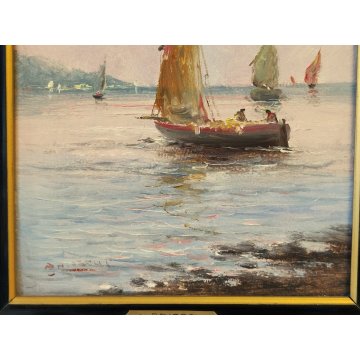 QUADRO olio tavola DIPINTO A. Brioschi PAESAGGIO MARINA pescatori BARCHE a VELA