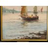 QUADRO olio tavola DIPINTO A. Brioschi PAESAGGIO MARINA pescatori BARCHE a VELA