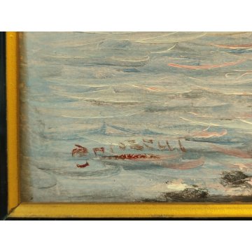 QUADRO olio tavola DIPINTO A. Brioschi PAESAGGIO MARINA pescatori BARCHE a VELA