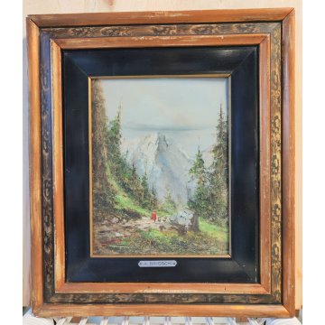 QUADRO olio tavola DIPINTO A. Brioschi PAESAGGIO MONTAGNA Alpi PASTORELLA pecore