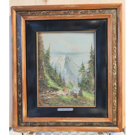 QUADRO olio tavola DIPINTO A. Brioschi PAESAGGIO MONTAGNA Alpi PASTORELLA pecore