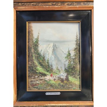 QUADRO olio tavola DIPINTO A. Brioschi PAESAGGIO MONTAGNA Alpi PASTORELLA pecore