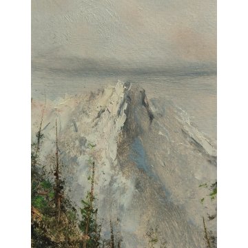 QUADRO olio tavola DIPINTO A. Brioschi PAESAGGIO MONTAGNA Alpi PASTORELLA pecore