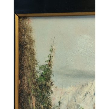 QUADRO olio tavola DIPINTO A. Brioschi PAESAGGIO MONTAGNA Alpi PASTORELLA pecore