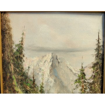 QUADRO olio tavola DIPINTO A. Brioschi PAESAGGIO MONTAGNA Alpi PASTORELLA pecore