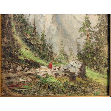 QUADRO olio tavola DIPINTO A. Brioschi PAESAGGIO MONTAGNA Alpi PASTORELLA pecore