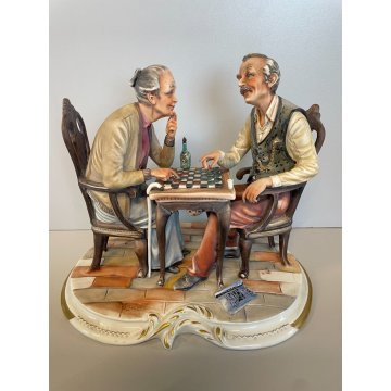 SCULTURA CERAMICA Capodimonte FIGURA COPPIA ANZINI GIOCO SCACCHI BISCUIT SMALTO