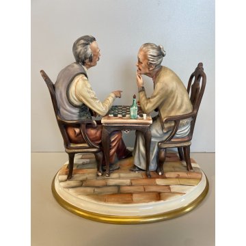 SCULTURA CERAMICA Capodimonte FIGURA COPPIA ANZINI GIOCO SCACCHI BISCUIT SMALTO