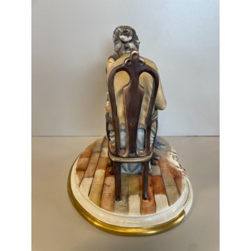 SCULTURA CERAMICA Capodimonte FIGURA COPPIA ANZINI GIOCO SCACCHI BISCUIT SMALTO