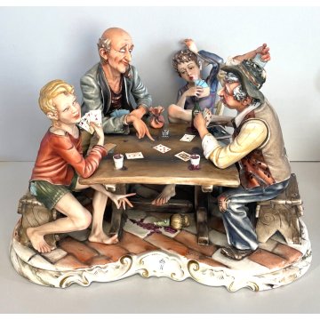 GRANDE SCULTURA TUTTOTONDO CERAMICA Capodimonte GIOCO POKER FIGURA NONNI NIPOTI