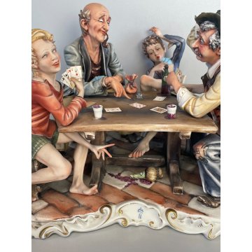 GRANDE SCULTURA TUTTOTONDO CERAMICA Capodimonte GIOCO POKER FIGURA NONNI NIPOTI