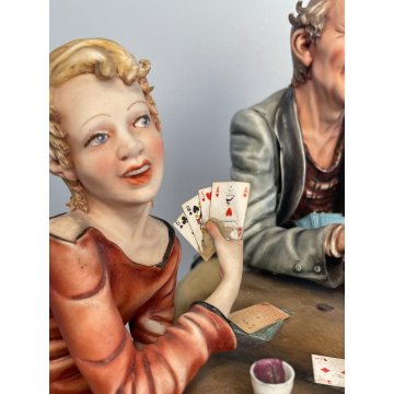 GRANDE SCULTURA TUTTOTONDO CERAMICA Capodimonte GIOCO POKER FIGURA NONNI NIPOTI