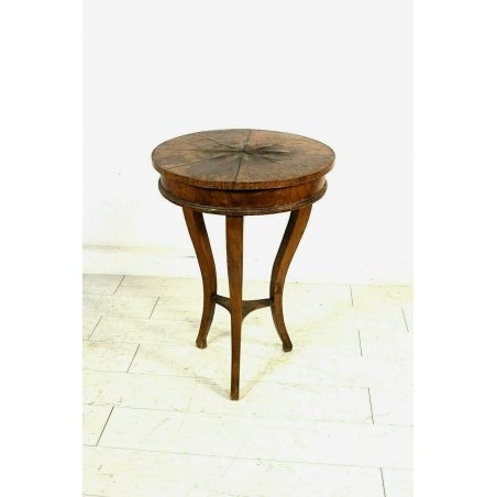 PICCOLO ANTICO TAVOLINO TONDO a TRE GAMBE LEGNO LASTRONATO TAVOLO CASSETTO 1800 