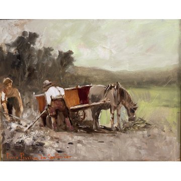 QUADRO DIPINTO P. Pessina da Castanedo Val Vigezzo PAESAGGIO CAMPAGNA CONTADINI