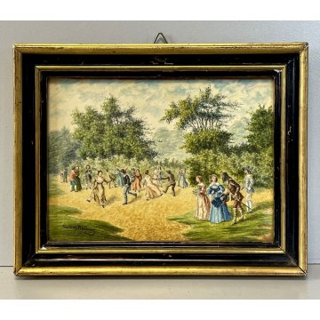 ANTICO DISEGNO ACQUERELLO MINIATURA Gaudin Belcour SCENA CONVIVIALE BALLO '800