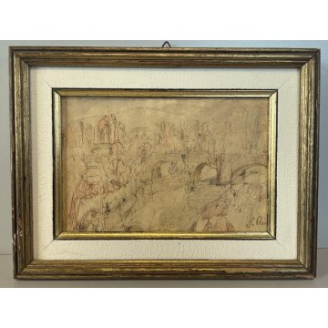 DISEGNO ASTRATTO Corrado Selvini TECNICA MISTA PAESAGGIO Meina PONTE COLLINE 900