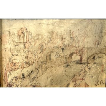 DISEGNO ASTRATTO Corrado Selvini TECNICA MISTA PAESAGGIO Meina PONTE COLLINE 900