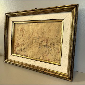 DISEGNO ASTRATTO Corrado Selvini TECNICA MISTA PAESAGGIO Meina PONTE COLLINE 900