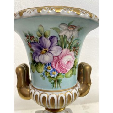 COPPIA VASO a CRATERE COPPA MEDICEA PORCELLANA CAPODIMONTE SMALTO POLICROMO '900