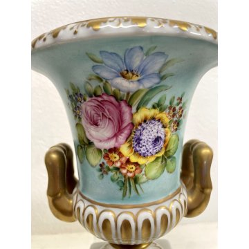 COPPIA VASO a CRATERE COPPA MEDICEA PORCELLANA CAPODIMONTE SMALTO POLICROMO '900