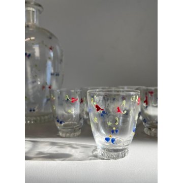 SET BOTTIGLIA ROSOLIO 6 BICCHIERI VETRO Murano MOLATO DECORO PASTA DI VETRO '30