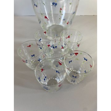 SET BOTTIGLIA ROSOLIO 6 BICCHIERI VETRO Murano MOLATO DECORO PASTA DI VETRO '30