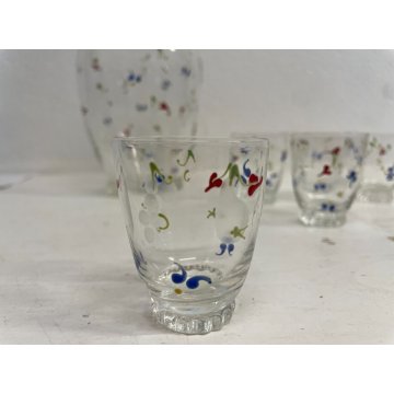 SET BOTTIGLIA ROSOLIO 6 BICCHIERI VETRO Murano MOLATO DECORO PASTA DI VETRO '30