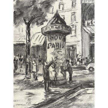 QUADRO DIPINTO ACQUERELLO MONOCROMO su TELA Zapedro Moulin Rouge PARIS ANNI '50