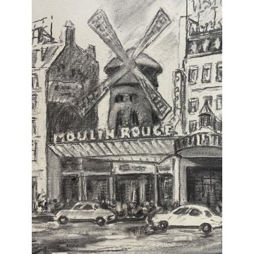 QUADRO DIPINTO ACQUERELLO MONOCROMO su TELA Zapedro Moulin Rouge PARIS ANNI '50